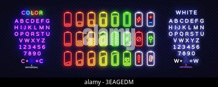 Large neon battery icon set with colorful alphabet and numbers. Bright glowing energy indicators and electric symbols on transparent background Stock Vector