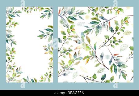 A set of beautiful watercolor frames with spring green branches and seamless pattern. Hand drawn. Not AI, vector illustration. Stock Vector