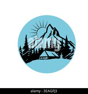 Mountain and sun logo . Hand drawn. Not AI, vector illustration. Stock Vector