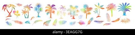 Palm tree colored objects and palm leaves set . Hand drawn. Not AI, vector illustration. Stock Vector