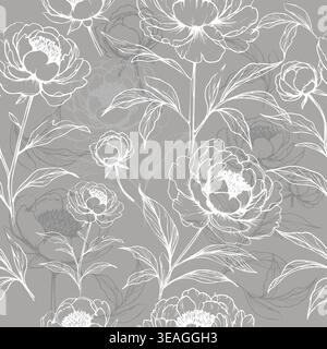 White peonies on a gray background seamless pattern Hand drawn. Not AI, vector illustration. Stock Vector