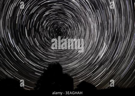 Stunning long exposure photograph capturing star trails rotating around Polaris in the dark night sky, creating a mesmerizing celestial display. Silho Stock Photo