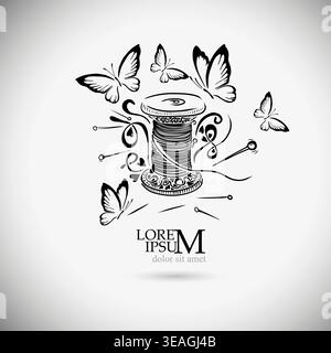 Logo of threads and needles with butterflies for a seamstress Hand drawn. Not AI, vector illustration. Stock Vector