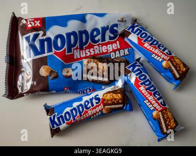 Still life of a package of Knoppers hazelnut wafer chocolate-covered German candy bars, 2026. Stock Photo