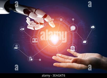 An AI assistant manages a comprehensive cybersecurity network. This smart system provides total protection for digital finance, cloud data, and person Stock Photo