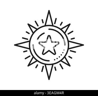 Ranking star pictogram and best quality icon. Review and rating stars featuring linear radiant star badge with rays and five pointed star in circle. Vector icon for quality certification emblems Stock Vector