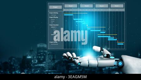 A robot hand showcases a project management Gantt chart with a glowing digital interface, set against a futuristic city skyline, symbolizing innovatio Stock Photo