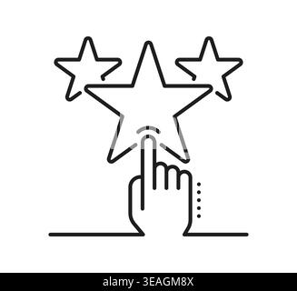 Ranking star pictogram and best quality icon. Review and rating star with hand and finger touch selection. User interface vector line symbol, representing best mark and customer satisfaction system Stock Vector