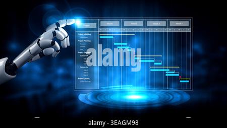 A robotic hand points at a digital Gantt chart, symbolizing automation in project management. The image illustrates efficiency and advanced technology Stock Photo