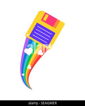 Flying floppy disk Y2K groovy sticker or funky label. Vintage 80s funky vector patch, label. Computer retro technology disk flying with rainbow trace funny 60s cartoon tag or hippie Y2K sticker Stock Vector