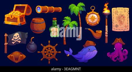 Cartoon pirate icons and characters. Vector treasure map and chest with gold, corsair captain hat and black flag with skull icons set. Funny whale and octopus pirate characters, rum, barrel and bomb Stock Vector