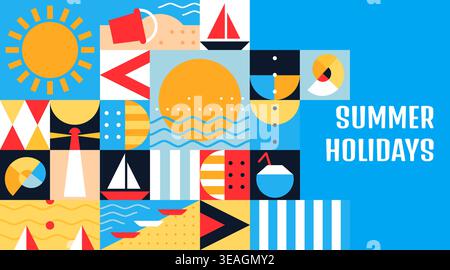 Summer travel and vacation journey banner with geometric pattern, vector background. Summer travel pattern of geometric mosaic sea beach and sun, yacht and boat on ocean waves with seashells Stock Vector