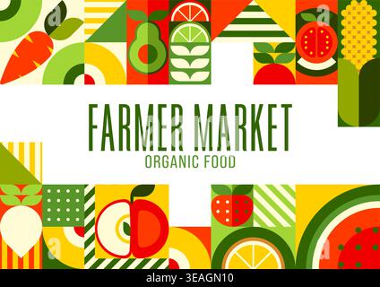 Organic fruits and vegetables on farm market poster with geometric pattern, vector background. Farmer market poster of fruits and vegetables, apple and avocado with tomato and carrot geometric pattern Stock Vector