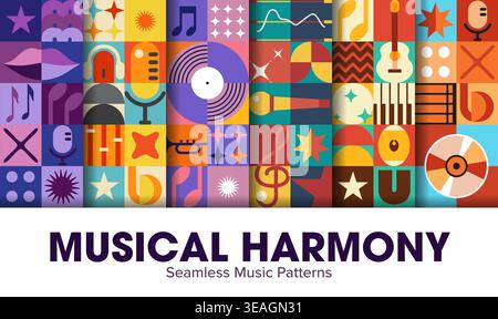 Geometric music seamless patterns set featuring colorful mosaic tiles with musical instruments, vinyl records, microphone and treble clefs. Vector patterns for music event posters or festival branding Stock Vector