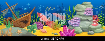 Underwater landscape game background. Marine life vector background. Ocean underwater landscape backdrop with giant squids, fish school, sunken ship, stones, shells and seaweeds on sand bottom Stock Vector
