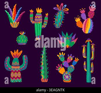 Mexican cactus succulent plants with flowers, vector Mexico folk art decor. Cartoon mexican desert cactus set, green saguaro and agave cacti with color pattern of otomi embroidery flowers and thorns Stock Vector