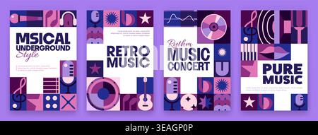 Musical posters with geometric music pattern background. Abstract graphic patterns set of purple piano, guitar, microphones and headphones, music notes, treble clef and geometric shapes mosaic Stock Vector