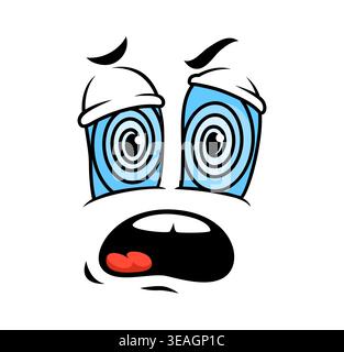 Cartoon funny face with spiraling blue eyes, raised brows and open mouth conveying dizzy, shocked and bewildered emotion and expressions. Confused emoticon reaction, and scared expressive character Stock Vector