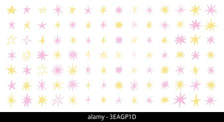 Hand drawn pastel star set with pink and yellow doodle sparkles, cute crayon celestial collection isolated on white background, whimsical magic shapes, decorative vector elements for design Stock Vector