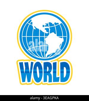 Blue world globe Y2K groovy sticker or label. Planet Y2K vector wireframe globe label, world mesh sphere sticker. Earth terrestrial sphere tag with blue and white color globe, typography Stock Vector