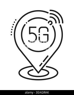 5G mobile access point tech line icon or symbol. Fast speed data transmission thin line symbol, mobile signal connection vector icon. 5G wireless network pictogram with navigation location point pin Stock Vector