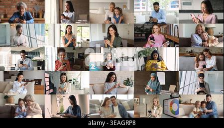 Collage of businesspeople, parents and kids, retirees typing on phones Stock Photo