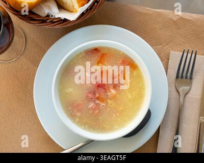 Noodle soup with minced meat served in bowl Stock Photo