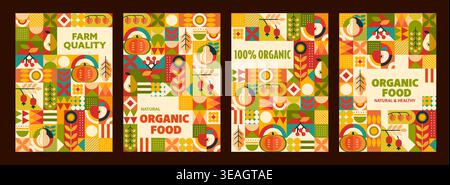 Organic food and farm market posters, fruits and vegetables geometric pattern. Flat banner with apple, pumpkin, rosehip, and pear arranged in vibrant grid layout. Vector posters for farmer market Stock Vector