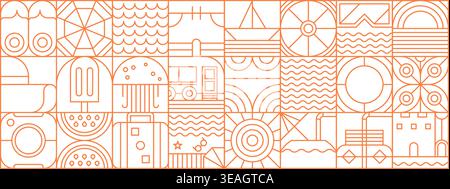Abstract geometric summer travel and vacation Bauhaus pattern. Vacation season Bauhaus abstract shapes vector backdrop, tourism pattern. Summer travel print with waves, ice food, suitcase and sun Stock Vector