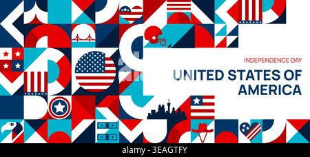 USA Independence Day banner with modern geometric pattern and United States of America landmarks and national symbols. Vector abstract tile background with patriotic holiday flag, stars and stripes Stock Vector