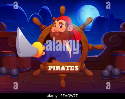 Caribbean pirates game interface with corsair character frame window and wooden ship deck, vector background. Pirate game interface with corsair sailor or boatswain with saber sword on sailboat Stock Vector