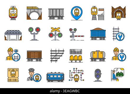 Railroad train and railway color icons of subway transport or metro, vector pictograms. Railroad and railway line icons of metro station or tram tickets, railway traffic lights and engineer technician Stock Vector