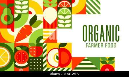 Organic farm fruits and vegetables banner with geometric pattern and abstract shapes. Vector retro modern tile background promoting organic farmer plants, healthy produce and natural fresh market food Stock Vector