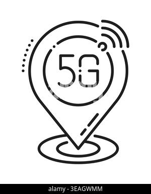 5G mobile access point tech line icon or symbol. Fast speed data transmission thin line symbol, mobile signal connection vector icon. 5G wireless network pictogram with navigation location point pin Stock Vector