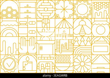 Modern geometric beekeeping apiary and honey Bauhaus pattern. Apiary and beekeeping Bauhaus vector pattern, agriculture backdrop. Honey background with beehive, sunflower, apiary equipment and comb Stock Vector