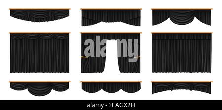 Theater stage black curtains. Realistic 3d vector set of dark valances with swags drapes, tiebacks and rods. Charcoal theater curtains for stage performance, theatrical, cinematic, presentation events Stock Vector