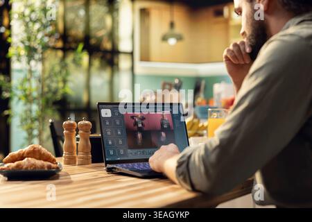 Adult interacting with AI assistant to generate images from text description, concept focuses on artificial intelligence and real-time responses supporting productivity. Automation at home. Stock Photo