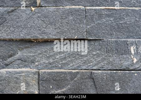 Stacked Dark Gray Slate Stone Wall Cladding Texture with Rough Natural Surface Stock Photo