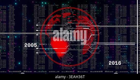 Displaying red circular emblem centered, linking 2005 to 2016 with timeline bars, hex nodes, ERRORs Stock Photo
