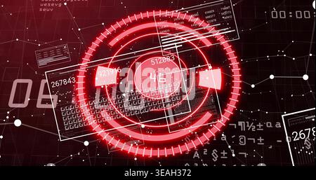 Animating central HUD with red rings, floating data panels, numeric readouts over dark grid Stock Photo