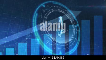 Displaying HUD over bar-chart in digital dashboard, showing trend band, wavy line, numeric labels Stock Photo
