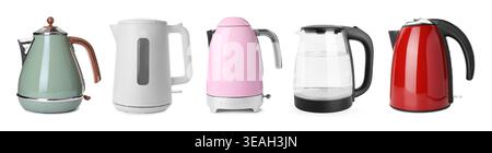 Different electric kettles isolated on white, set Stock Photo