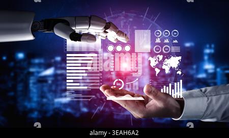 This image showcases a human hand reaching out to connect with a robotic arm amidst a digital landscape filled with data visualizations and analytics. Stock Photo