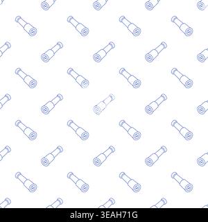 Seamless pattern with telescopes in blue line style on white background. Outline nautical print. Stock Vector