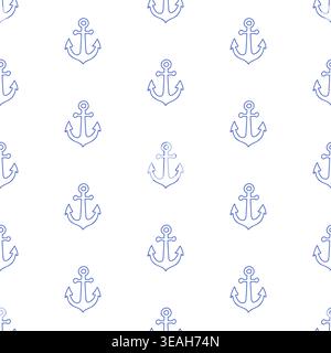 Seamless pattern with anchors in blue line style on white background. Outline nautical print.  Stock Vector