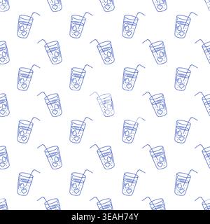 Seamless pattern with cold drinks in blue line style on white background. Outline sumer print Stock Vector