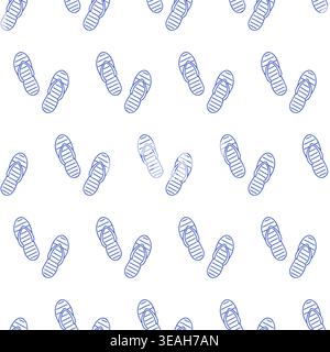 Seamless pattern with flip flops in blue line style on white background. Outline nautical print.  Stock Vector