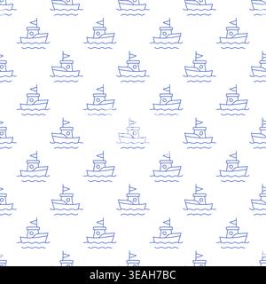 Seamless pattern with boats in blue line style on white background. Outline nautical print.  Stock Vector