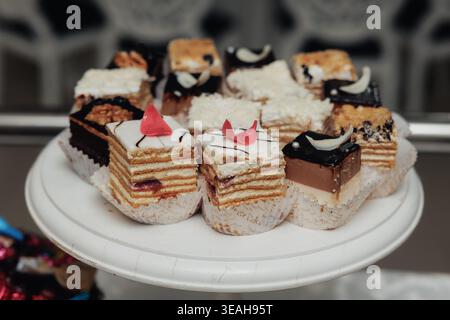 Gourmet Layered Cake Slices On Pedestal, Assorted Pieces Topped With Shredded Coconut, Chocolate Drizzle And Cream, Presented As Elegant Centerpiece Stock Photo