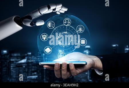 AI virtual assistant chatbot uses generative AI, LLM deep learning, and prompt engineering to support smart business operations with explainable outpu Stock Photo